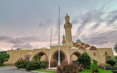 Ash Shaliheen Camii, Bandar Seri Begawan, Brunei Darussalam. Mimari dış görünüşü minareler, kubbeler ve kemerler, bulutlu bir gökyüzünün altında yemyeşil tropikal bitkilerle çevrili.