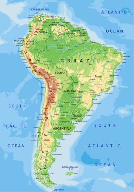 Etiketleme ile fiziksel harita Güney Amerika.