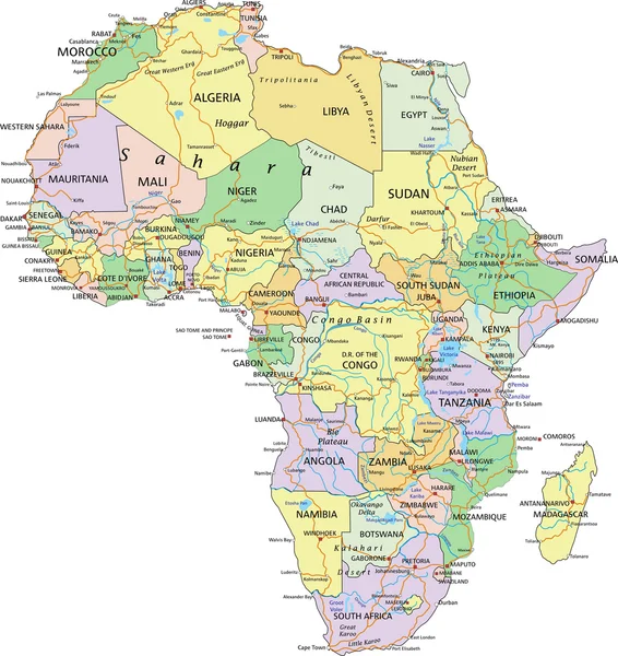 Mappa politica dell'Africa — Vettoriale Stock