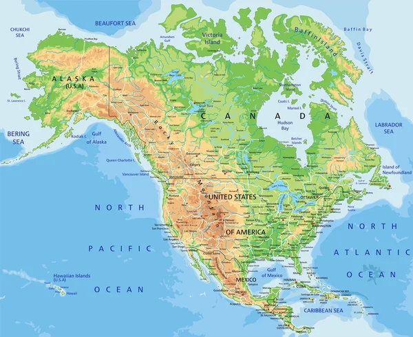 Etiketleme ile Kuzey Amerika fiziksel harita.
