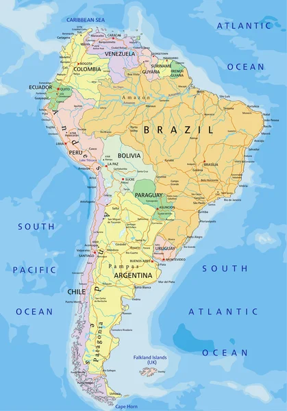 Południowa Ameryka mapa polityczna — Wektor stockowy