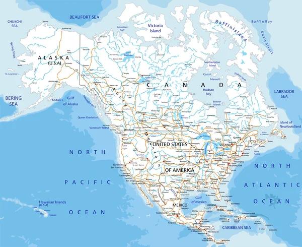 Noord-Amerika routekaart — Stockvector