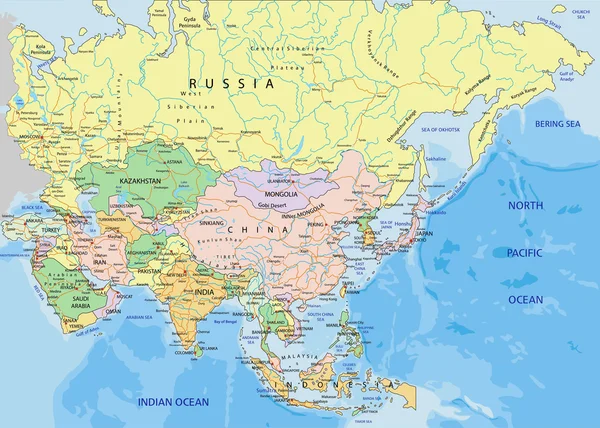 Mappa politica dell'Asia — Vettoriale Stock