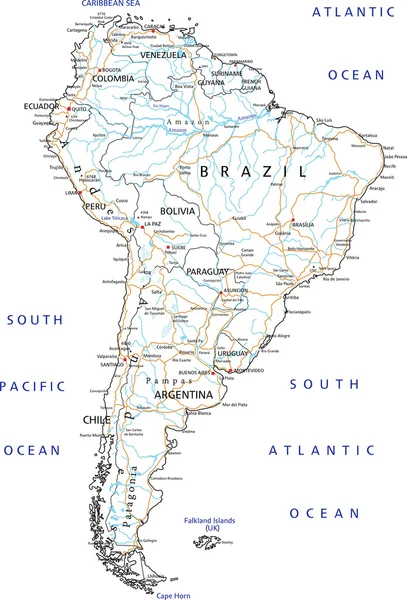 Mapa de estradas da América do Sul com rotulagem . —  Vetores de Stock