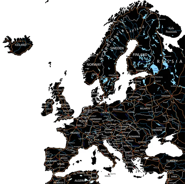 Europa vägkarta med märkning — Stock vektor
