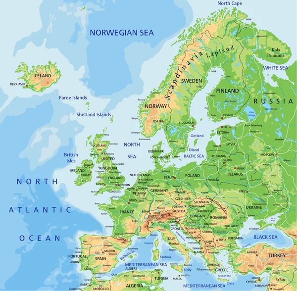 Europa mapa físico com rotulagem . Ilustrações De Stock Royalty-Free