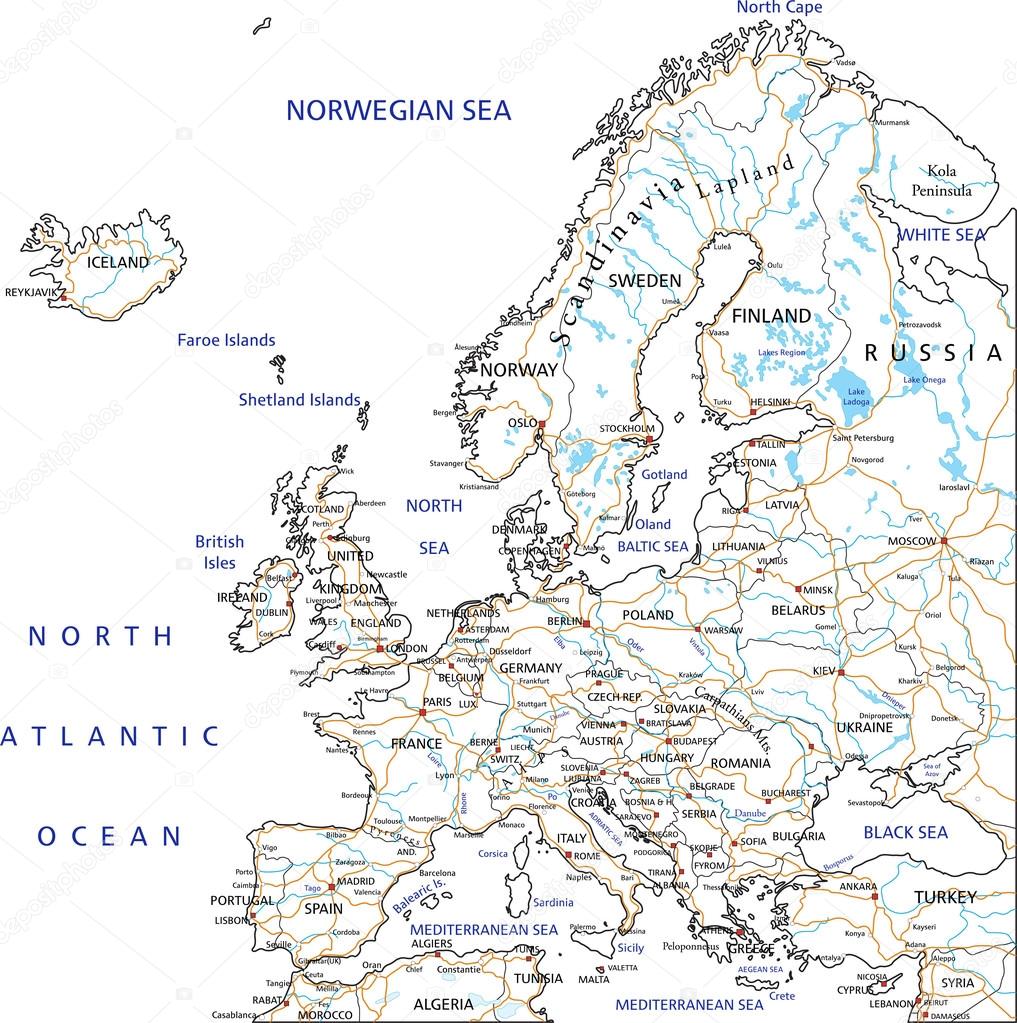 Europe road map with labeling.