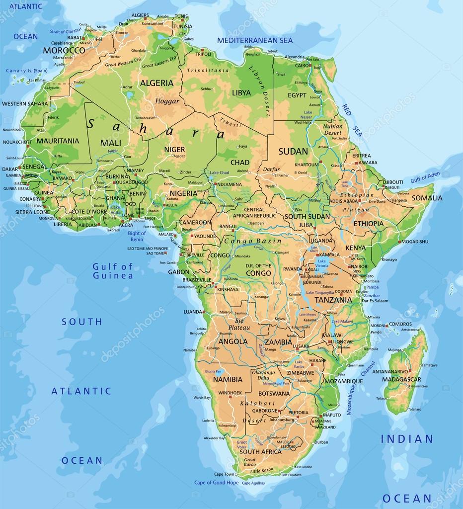 Fyzická mapa Afriky s označením. Stock Vector od © delpieroo 63375665