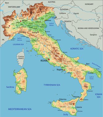 Italy physical map with labeling.