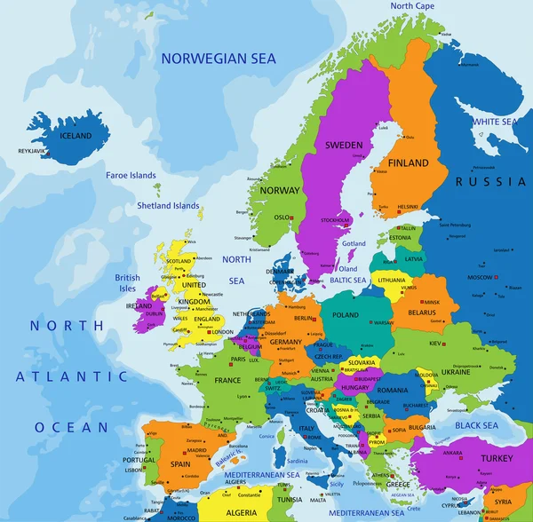 Mapa político colorido da Europa —  Vetores de Stock