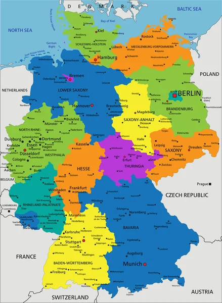 Mappa politica colorata della Germania — Vettoriale Stock