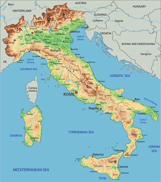 Italia mapa físico con etiquetado . — Vector de stock