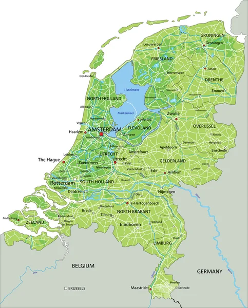 Physikalische Karte der Niederlande mit Beschriftung. — Stockvektor