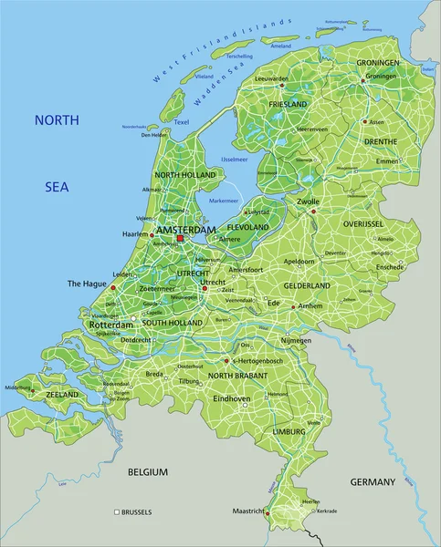 Netherlands physical map with labeling. — Stockvector