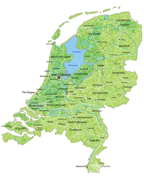 Netherlands physical map with labeling. — 스톡 벡터