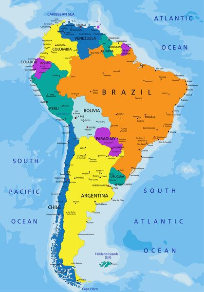 Colorful South America political map