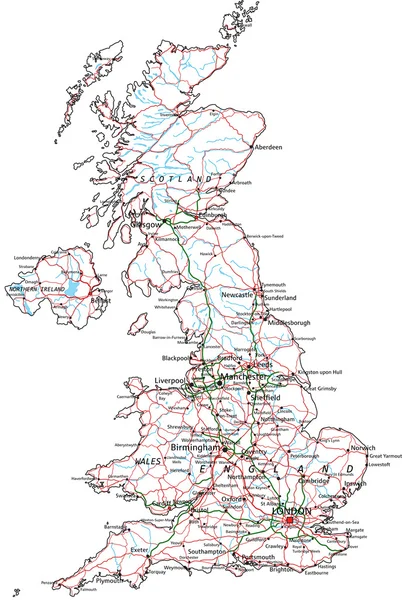 Reino Unido mapa rodoviário e rodoviário . — Vetor de Stock