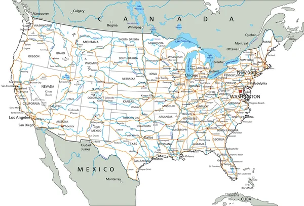 Estados Unidos da América Mapa de Estrada — Vetor de Stock