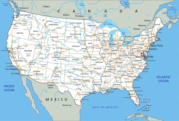 Mapa de carreteras de Estados Unidos de América — Vector de stock