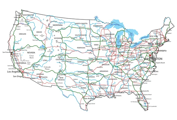 Estados Unidos da América Mapa de Estrada — Vetor de Stock