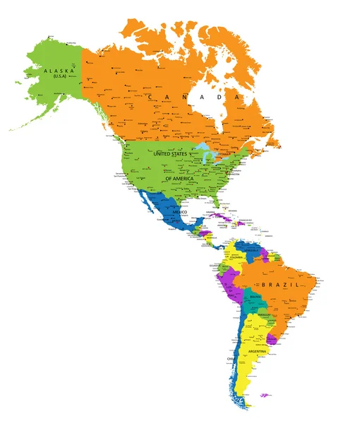 Farbenfrohe politische Landkarte Amerikas — Stockvektor