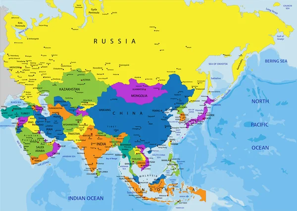 Colorido mapa político de Asia — Vector de stock