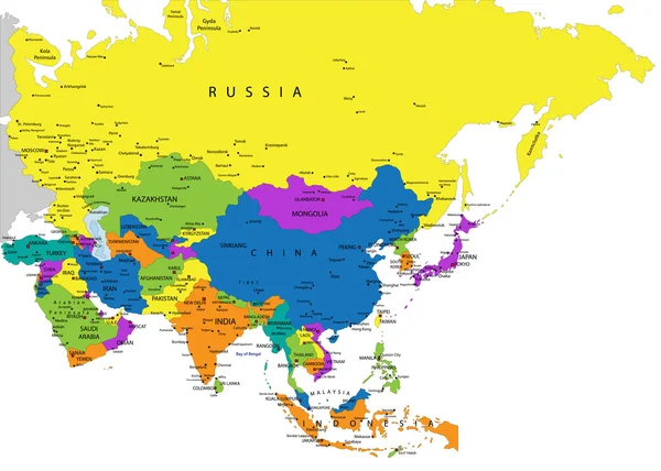 Renkli Asya siyasi harita — Stok Vektör