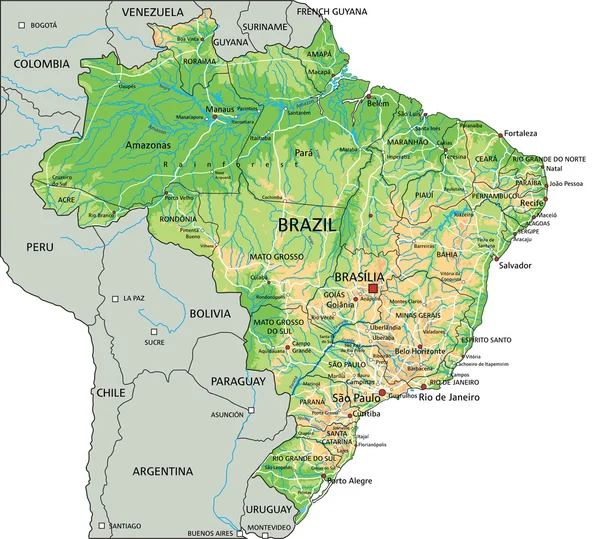 Mapa físico do Brasil com rotulagem . —  Vetores de Stock