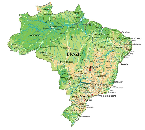 Brésil carte physique avec étiquetage . — Image vectorielle