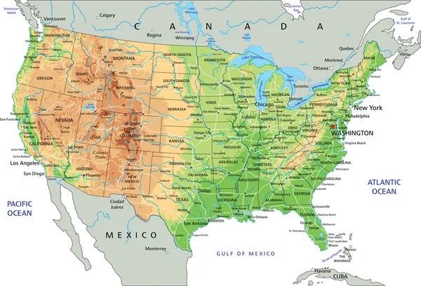 Mappa fisica di Stati Uniti d'America — Vettoriale Stock