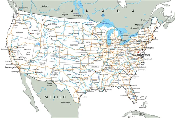 Mapa de carreteras de Estados Unidos de América — Vector de stock