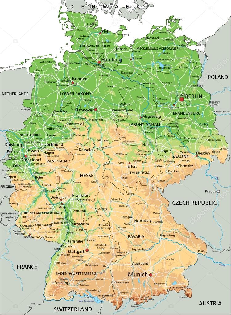Germany physical map with labeling.