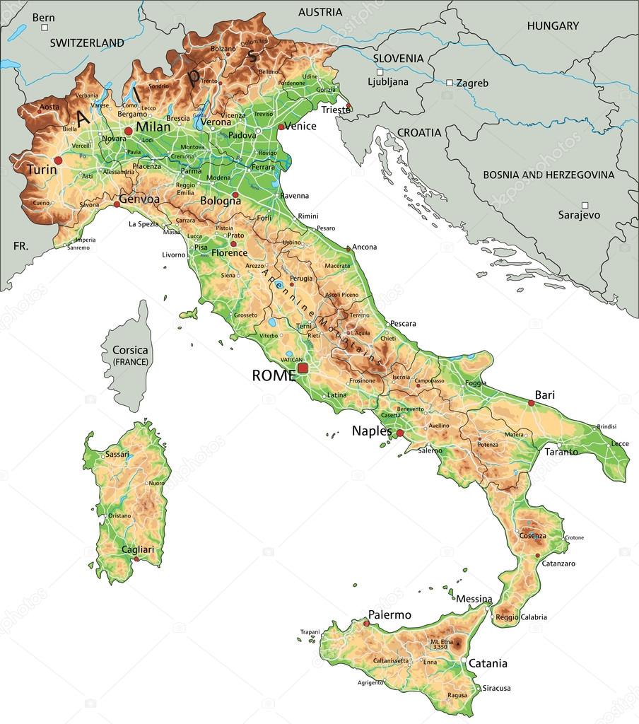 Italy physical map with labeling.