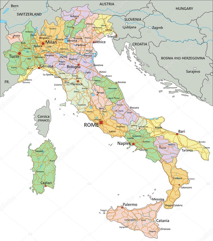 Italy -  political map with separated layers.