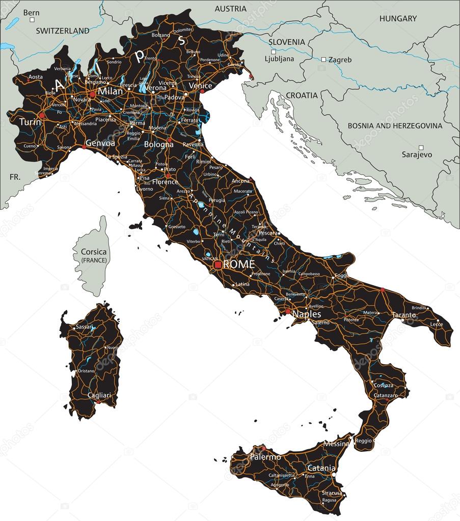 Italy road map with labeling.