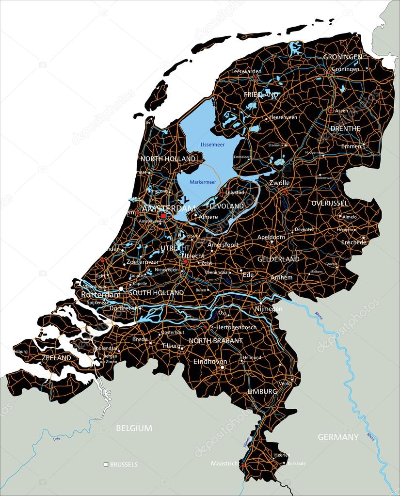 Netherlands road map with labeling.