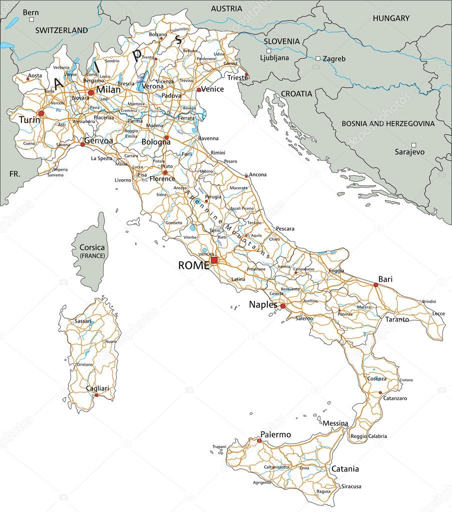 Italy road map with labeling.