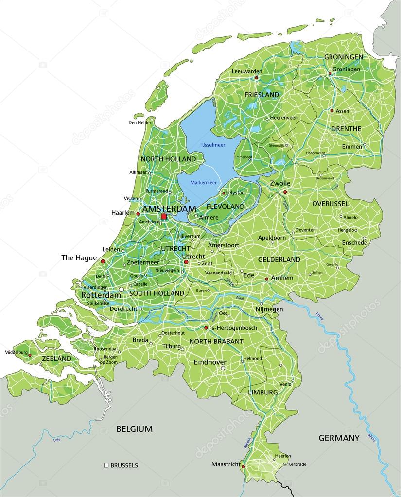 Netherlands physical map with labeling.