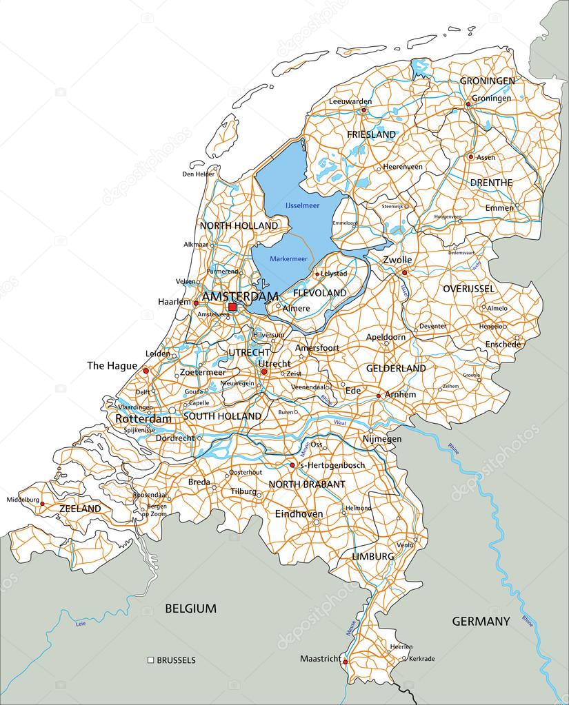 Netherlands road map with labeling.