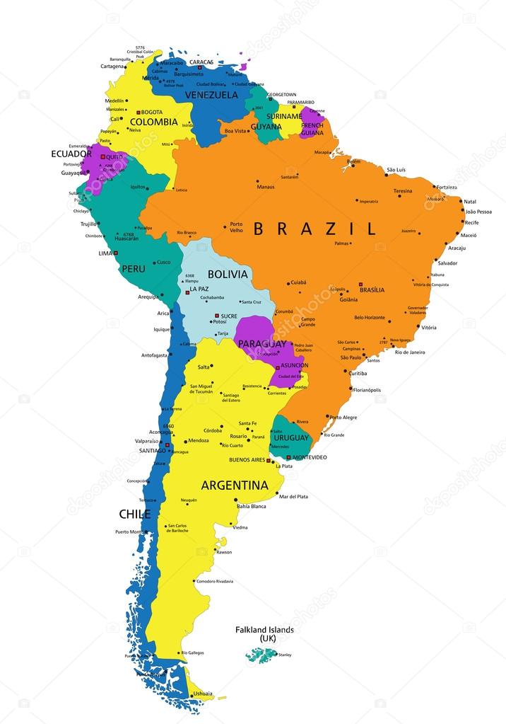 Colorful South America political map