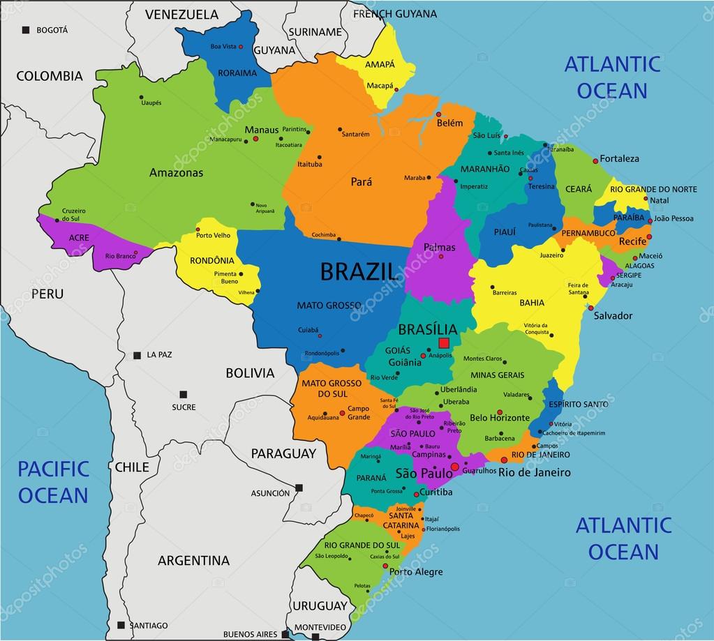 Столица бразилии на политической карте. Политическая карта Бразилии. Бразилия на политической карте. Штаты Бразилии на карте.