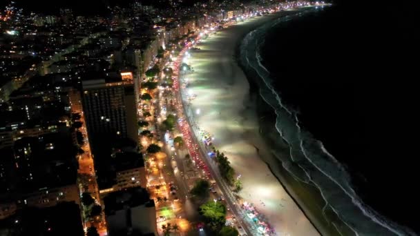 Vista Nocturna Playa Copacabana Río Janeiro Brasil Vista Nocturna Reveillon — Vídeos de Stock