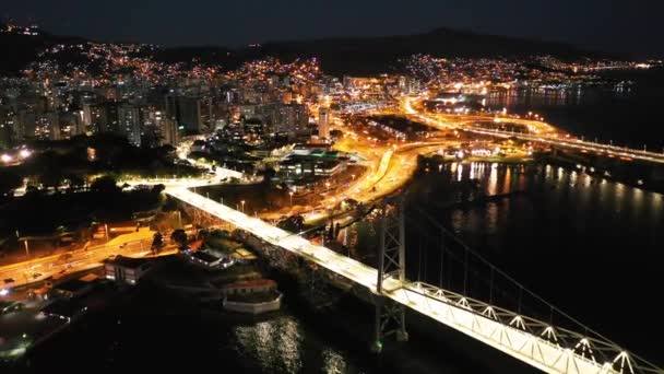 Nattliv Utsikt Över Belysta Bron Florianopolis Stad Santa Catarina Brasilien — Stockvideo