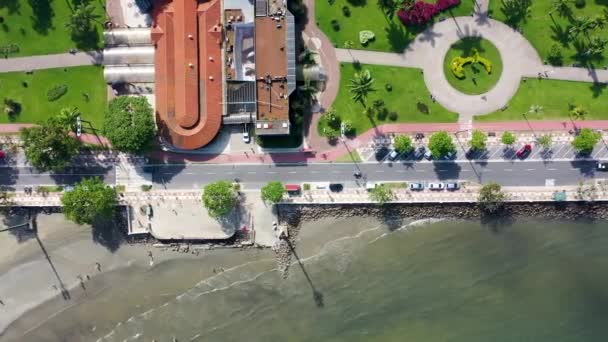 สเคปออฟบ ชในซานโตสซ เซาเปาโล บราซ มมองถนนชายฝ ของชายหาดในเม องซานโตส เซาเปาโล บราซ มมองถนนชายฝ — วีดีโอสต็อก