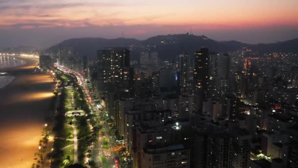 Avenida Iluminada Cidade Costeira Santos São Paulo Brasil Cityscape Sunset — Vídeo de Stock
