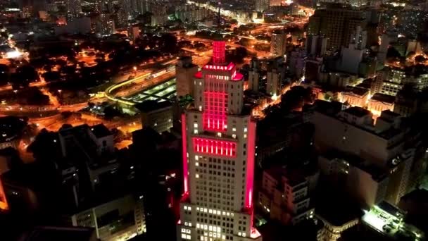 Brezilya Nın Sao Paulo Şehrinin Gece Manzarası Santander Binasının Şehir — Stok video