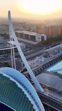 Valencia 'daki Valencia Sanat Sarayı' nda Günbatımı İspanya Topluluğu 'nda. Fütürist Binalar. Şehir merkezindeki şehir manzarası. Valencia Valencia İspanya 'da. Günbatımı Skyline. Sanat Sarayı.