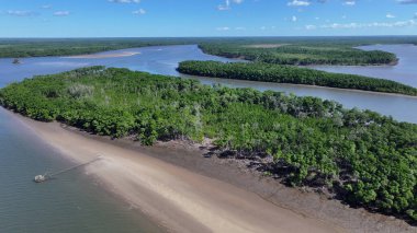 Maranhao Brezilya 'daki Tutoia' da Parnaiba Delta. Doğa Manzarası. Amerika 'nın Brezilya Deltası. Maranhao 'daki Parnaiba Delta. Sarmal Nehir. Plaj manzarası. Tatil seyahatleri. Brezilya Kuzeydoğu.