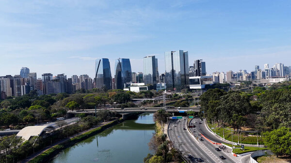 Pinheiros Road At Sao Paulo In Brazil. Downtown Cityscape. Freeway Road Scenery. Highrise Buildings Landscape. Pinheiros Road At Sao Paulo In Brazil. Metropolitan Background. Sao Paulo Brazil.