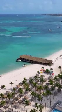 Hollanda 'daki Palm Beach' te Aruba Skyline. Plaj manzarası. Karayip Cenneti. Hollanda Karayipler 'deki Palm Beach Aruba. Deniz Burnu Açık Hava. Doğa Turizmi.